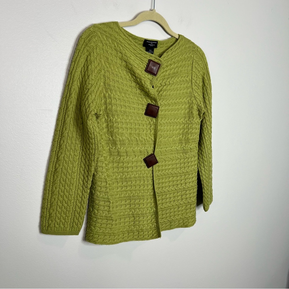 PHILOSOPHY REPUBLIC Lime Green 100% Wool Cardigan Sweater size Small Petite - Picture 13 of 15